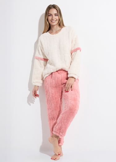 Pyjama 2 pièces polaire, motif cotelé Ecru/Rose