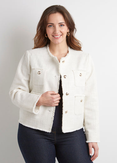 Veste sans col boutonnée courte tissu natté uni Ecru