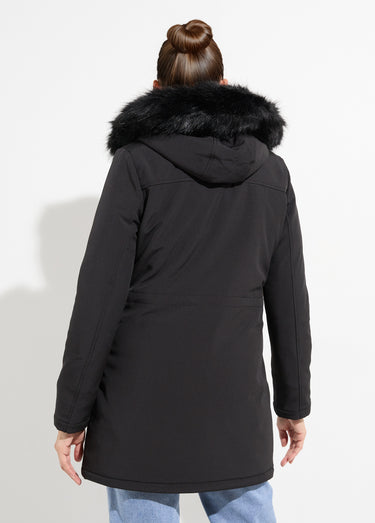 Parka chaude fourrure capuche amovible Noir