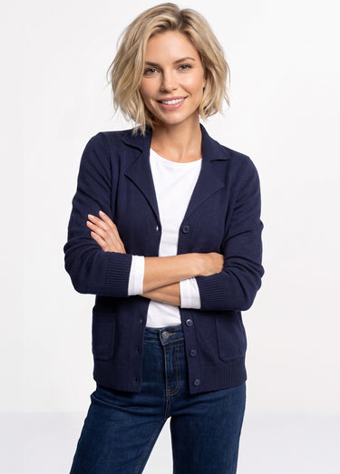 Gilet boutonné mi long col tailleur Marine