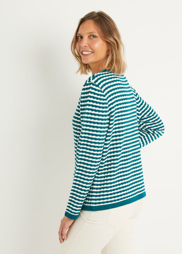Gilet boutonné rayé chic avec col rond Canard/Ecru