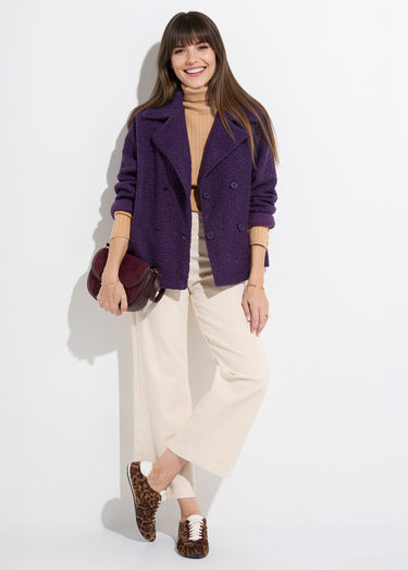Caban court uni façon laine bouclée Violet Fonce