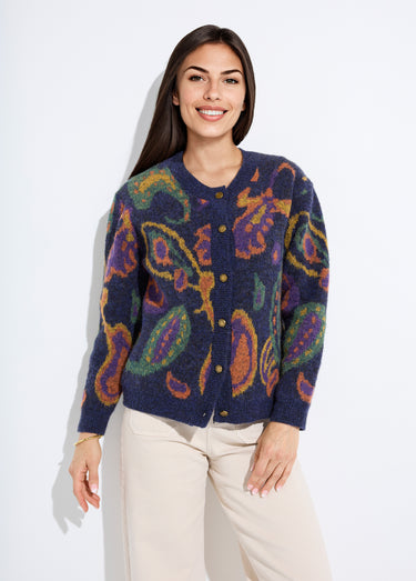Gilet chaud court boutonné jacquard avec laine Fond Marine