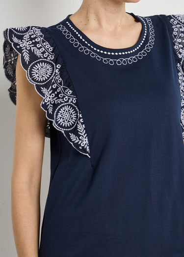 T-shirt brodé jersey et voile coton Marine / Blanc
