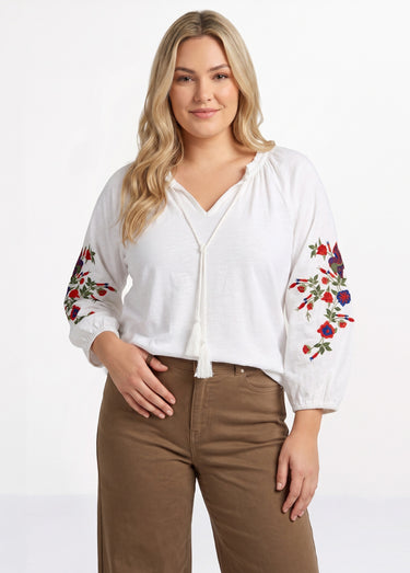 T-shirt long brodé manches 3/4 Blanc