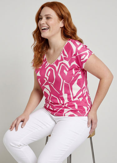 T-shirt droit court col V imprimé graphique Fuchsia/Blanc