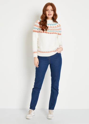 Pull chaud court col montant jacquard soleil Ecru/Aqua