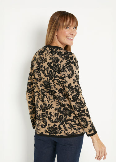 Pull chaud jacquard fleuri brillant col rond Dore/Noir
