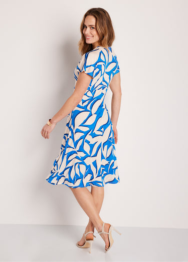 Robe courte évasée motif feuilles Bleu / Écru