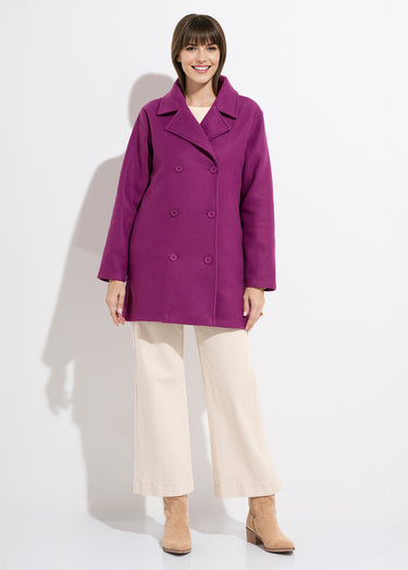 Caban long uni façon drap de laine Prune
