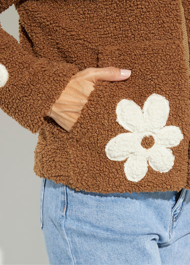 Blouson col montant motif grosses fleurs Camel