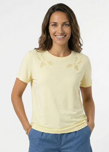 T-shirt coton brodé ajouré col rond Jaune