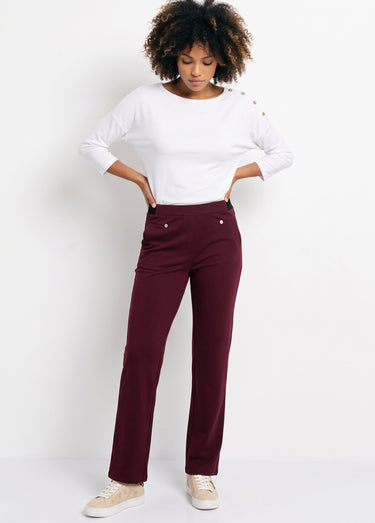 Pantalon droit taille semi élastiquée Uni Prune