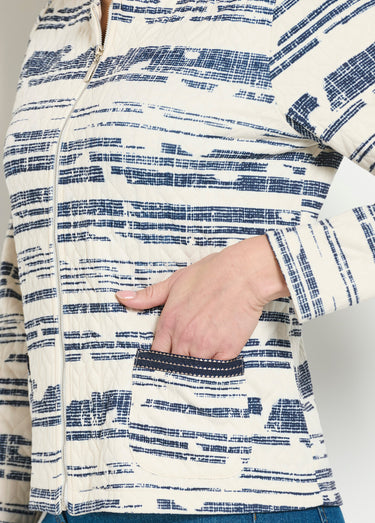 Veste courte sans col zippée irisée Ecru/Marine