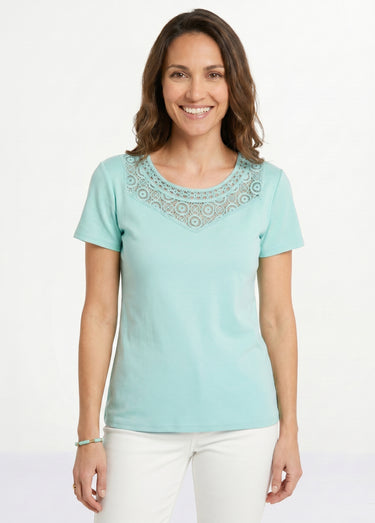 T-shirt macramé coton uni manches courtes Aqua