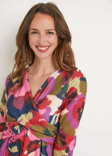 Robe cache-coeur courte imprimée manches 3/4 Marine/Rose