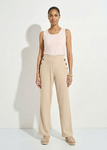 Pantalon large uni taille semi-élastiquée Beige