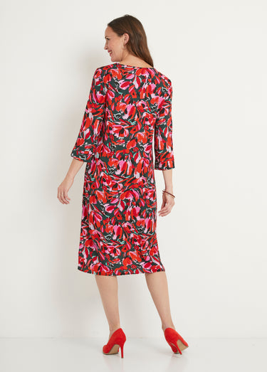 Robe droite courte fleurie manches 3/4 Vert/Orange