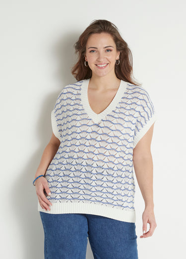 Pull sans manches col V ajouré bicolore Ecru/Bleu
