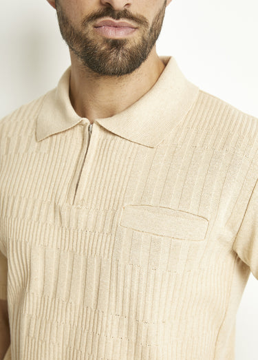 Polo zippé uni manches courtes coton cardé Beige