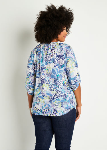 Tunique boutonnée longue fleurie Bleu / Blanc