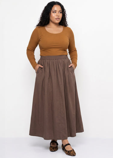 Jupe longue taille plissée et élastiquée Marron