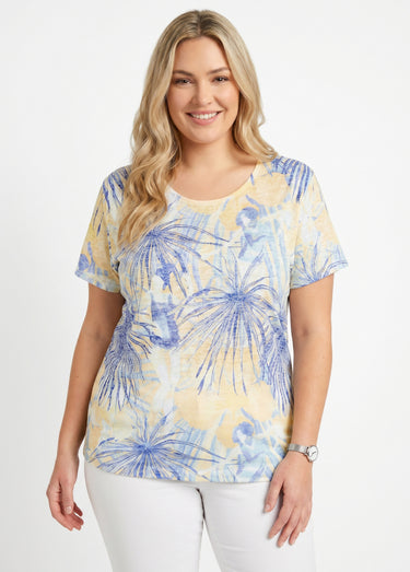 T-shirt court motif et strass col rond Jaune/Bleu