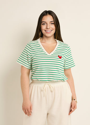 T-shirt rayé col V avec broderie cœur Raye Vert