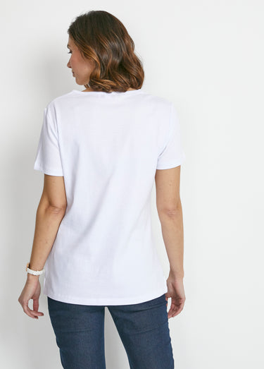 T-shirt long motif fleuri fentes côtés Blanc