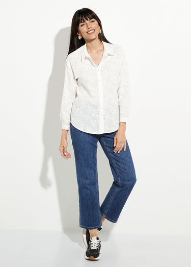 Chemisier coton rebrodé, motif fleuri Blanc