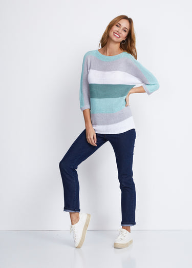 Pull rayé manches 3/4 point mousse Aqua/Gris