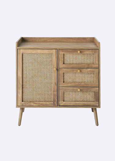 PALMO Commode cannage 3 tiroirs + porte Bois Clair
