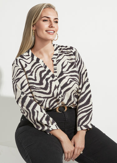 Blouse col V boutonné imprimé animalier Noir/Ecru