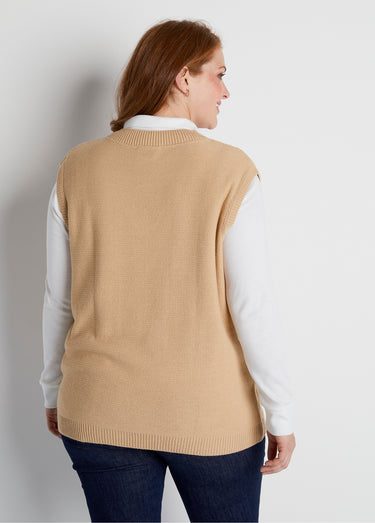 Pull col V sans manches maille fantaisie Beige