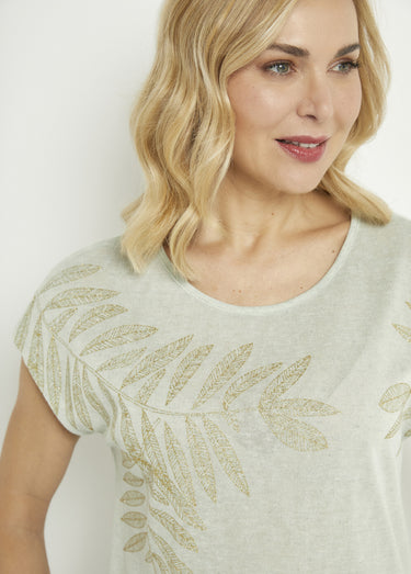 T-shirt col rond maille flammée motif doré Sauge