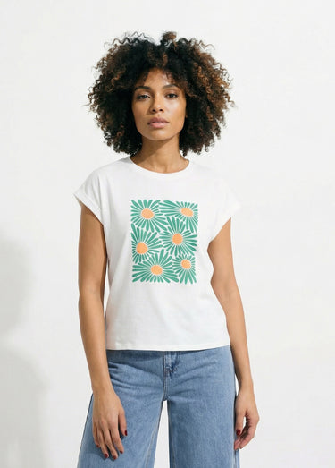 T-shirt col rond avec fleurs stylisées Blanc imprimé