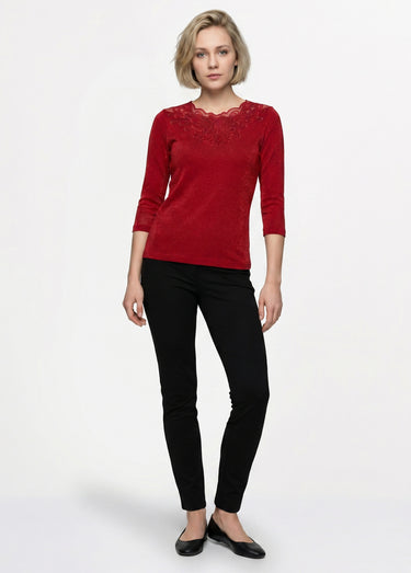 T-shirt manches 3/4 brodé brillant Rouge