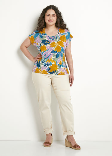 T-shirt fleuri col rond manches courtes Parme/Ocre