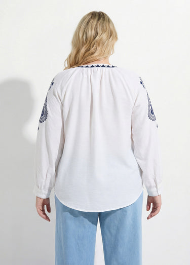 Blouse avec broderies et petit col V Blanc/Marine