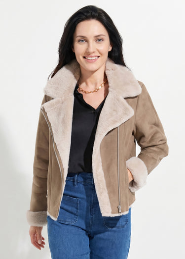 Blouson zippé façon peau lainée Taupe
