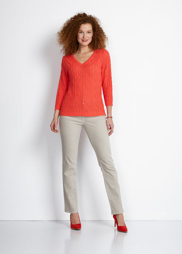 Pull col V manches 3/4 maille ajourée Orange