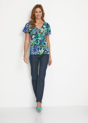 Tee-shirt cache-coeur manches papillon Bleu/Vert
