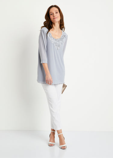 T-shirt long ample résille brodée Argent