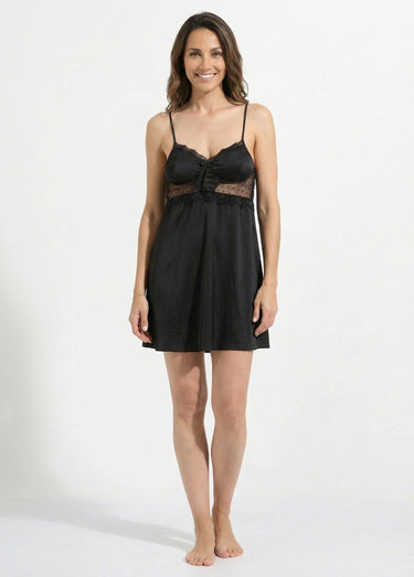 Nuisette à bretelles, satin et dentelle Noir