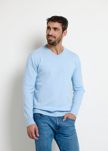 Pull col V homme maille fine jauge Bleu Doux