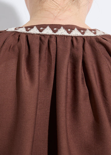 Blouse avec broderies et petit col V Chocolat / Beige