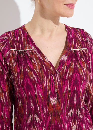 T-shirt chaud col V imprimé manches longues Cassis/Beige