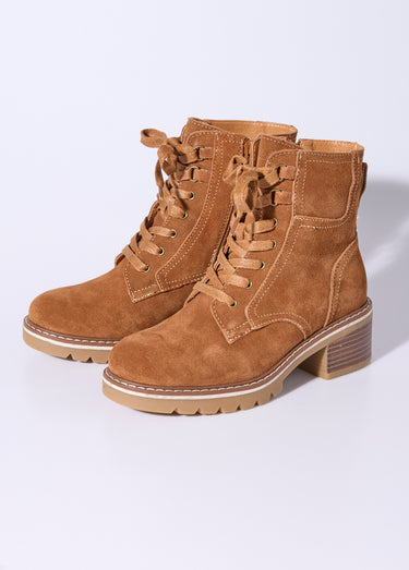 Bottines en cuir crantées, talon large Camel