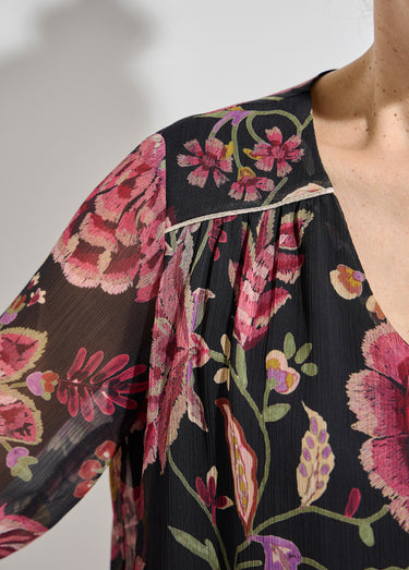 Blouse col V manches longues voile fleuri Noir/Prune