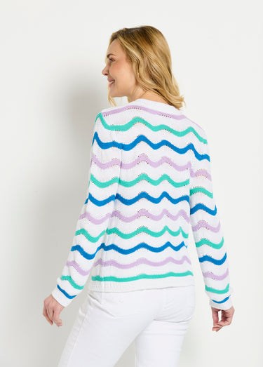 Pull doux col rond reliefé rayé point mousse Fond Ecru